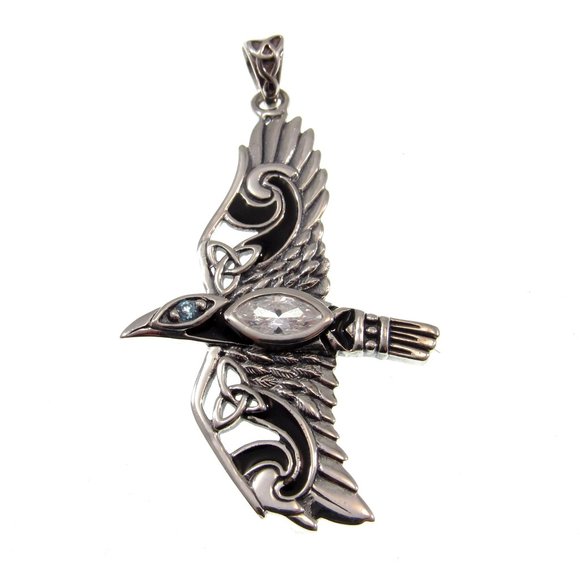 Solid 925 Sterling Silver Mythical Raven in Flight Pendant with Gemstone - Picture 1 of 8